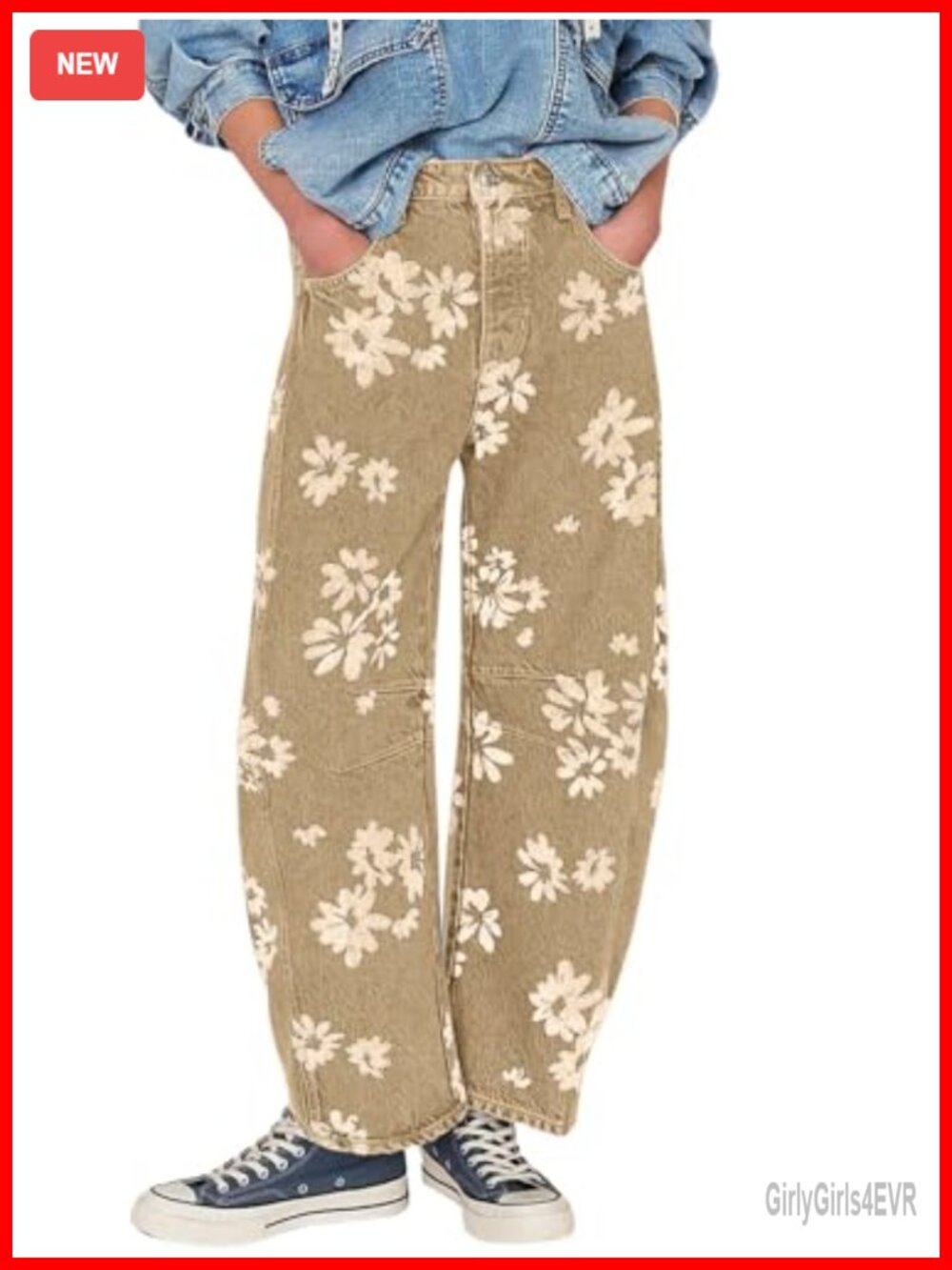 Women's Baggy Barrel Jeans Floral Patchwork Wide Leg Boyfriend Denim Pants